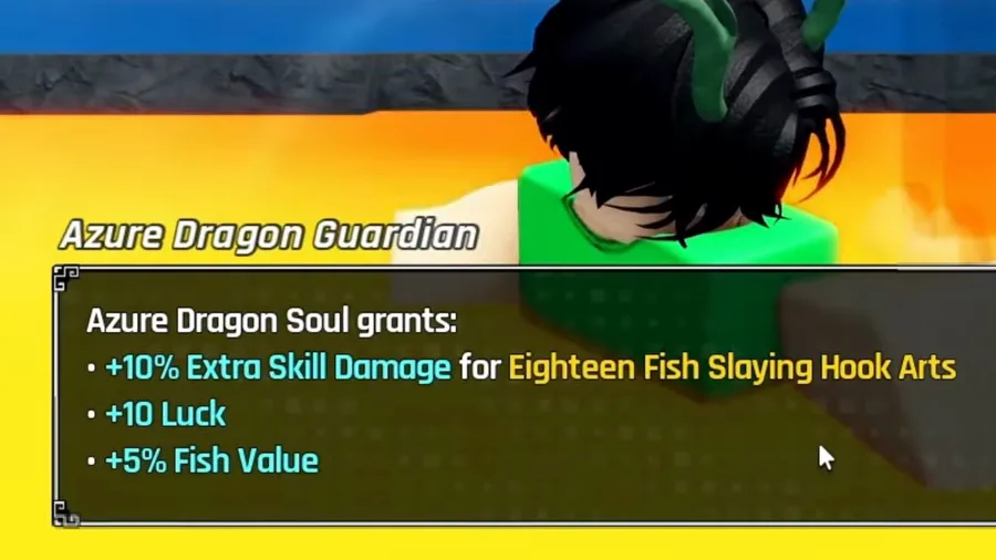 Azure Dragon Guardian dialog in Fishing Master listing the three buffs of the Azure Dragon Soul