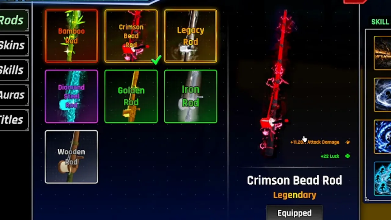 Equipment panel in Fishing Master showing the Crimson Bead Rod, Legendary, with 22 luck