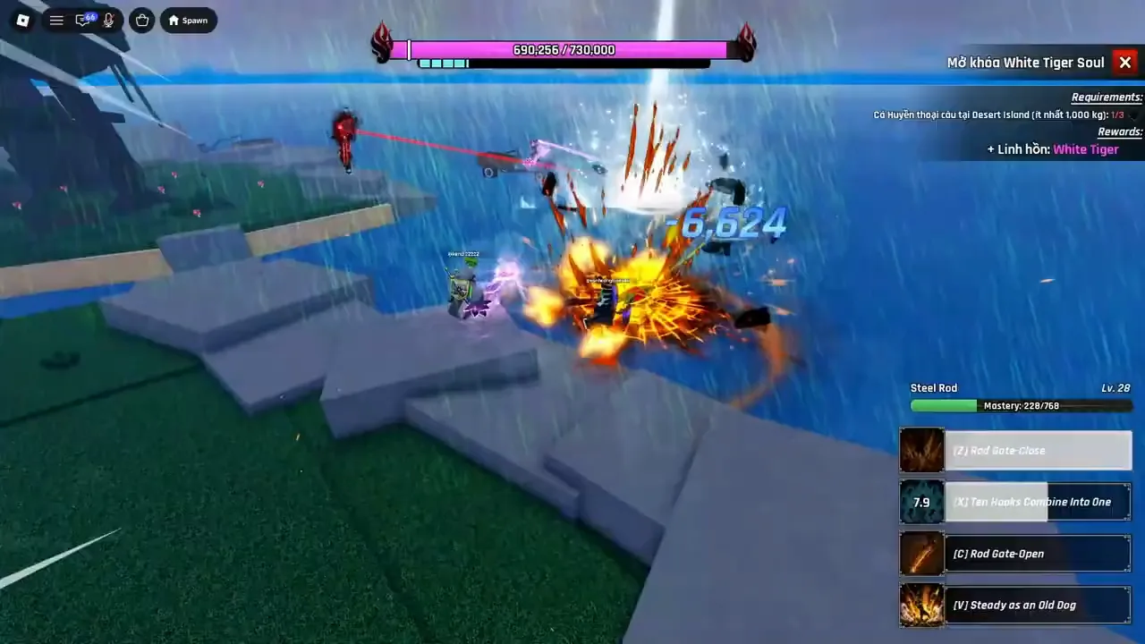 A boss fight in Fishing Master on Starter Island in the rain, health bar reading 690,256 of 730,000