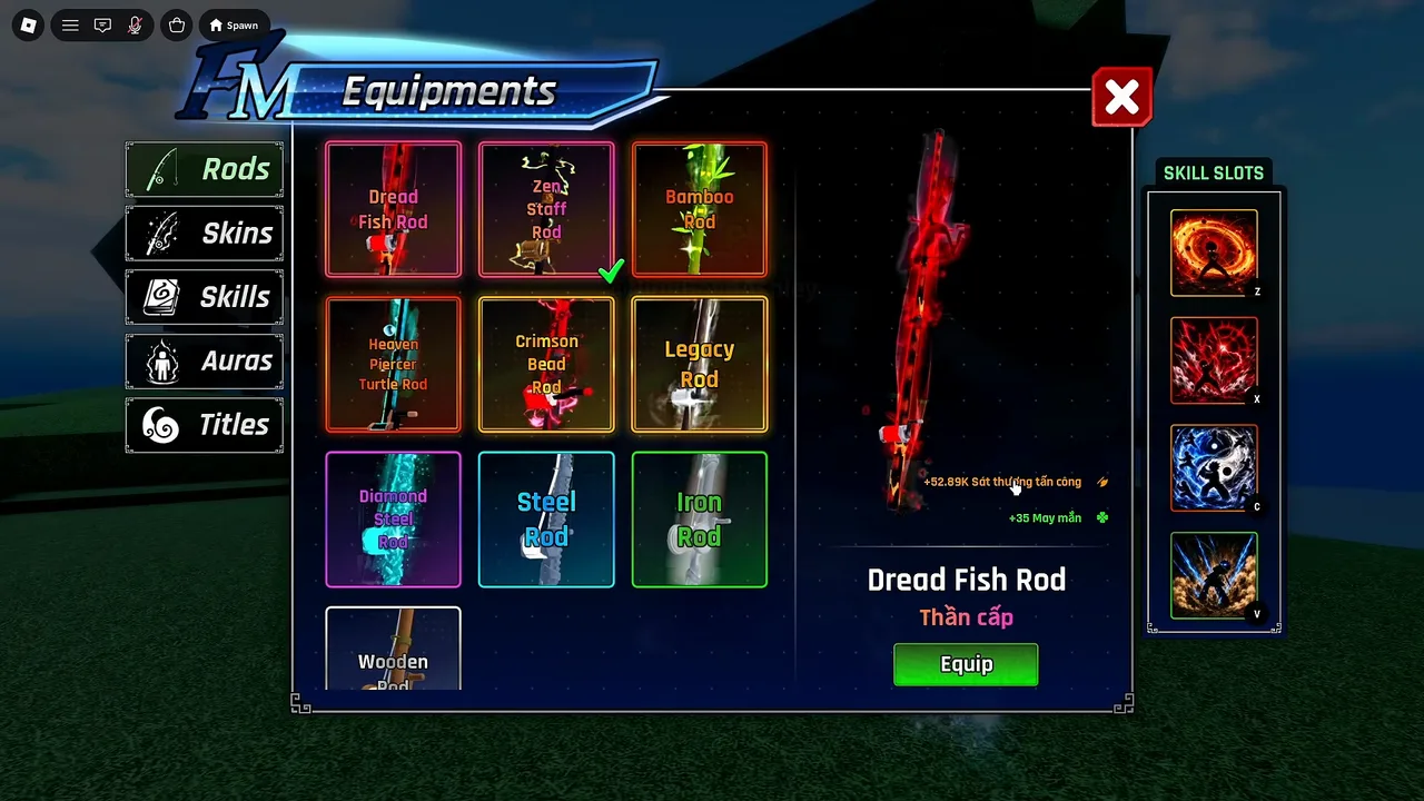 Equipment panel in Fishing Master showing the Dread Fish Rod with 52.89K attack damage and 35 luck