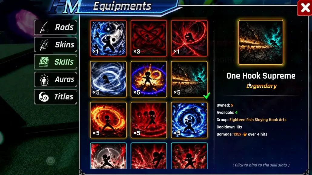One Hook Supreme skill card in Fishing Master: Legendary, 18s cooldown, 135x over 4 hits