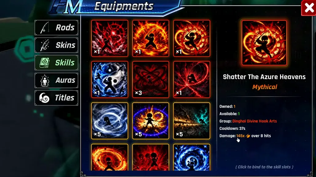 Shatter The Azure Heavens skill card in Fishing Master: Mythical, 37s cooldown, 145x over 8 hits