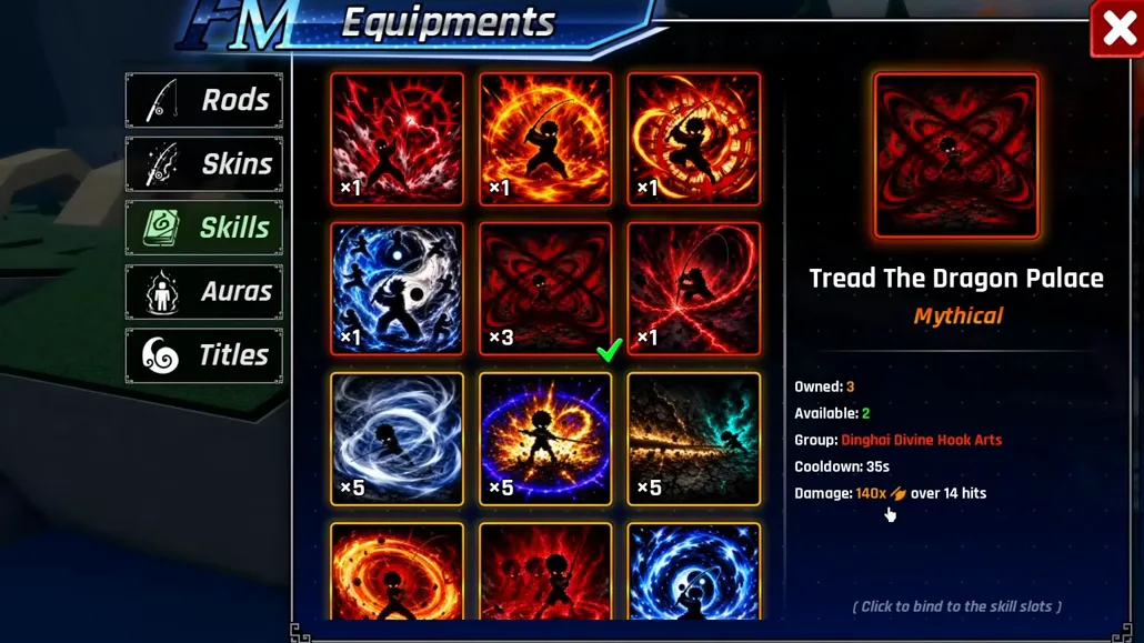 Tread The Dragon Palace skill card in Fishing Master: Mythical, 35s cooldown, 140x over 14 hits