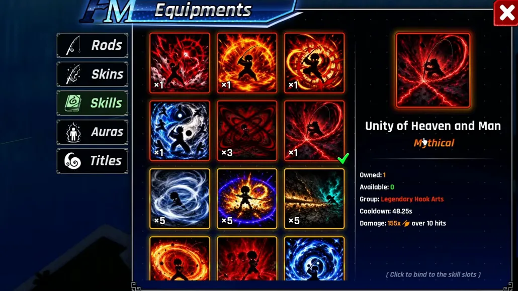 Unity of Heaven and Man skill card in Fishing Master: Mythical, 48.25s cooldown, 155x over 10 hits