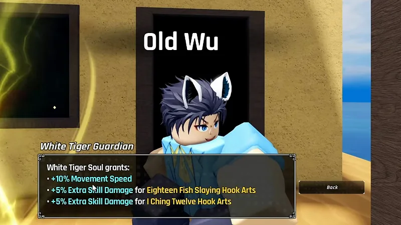 Old Wu, the White Tiger Guardian in Fishing Master, with the list of White Tiger Soul buffs