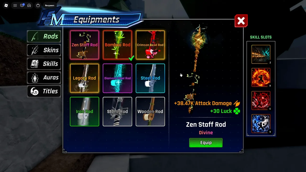 Equipment panel in Fishing Master showing the Zen Staff Rod with 38.47K attack damage and 30 luck